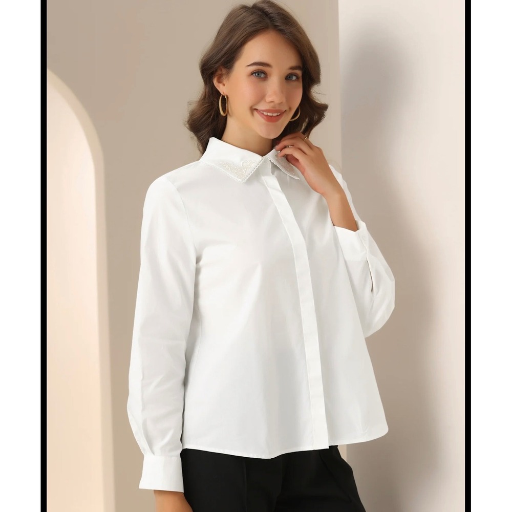 Women's Allegra K Embroidered Collar Button-Down Shirt – White – Size Small